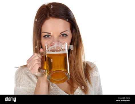 Beautiful Young Woman Drinking Beer On White Background Stock Photo Alamy