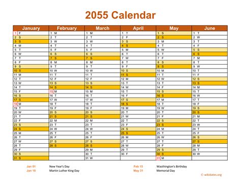 2055 Calendar On 2 Pages Landscape Orientation