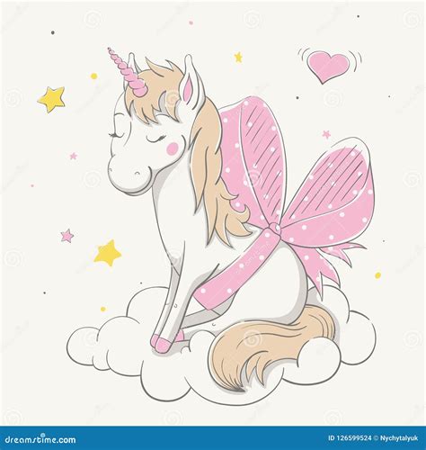 Lovely Cute Unicorn With A Bow Knot In Polka Dots Sits On White Cloud