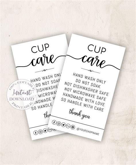 Cup Care Cards Template Editable Tumbler Care Card Printable Etsy