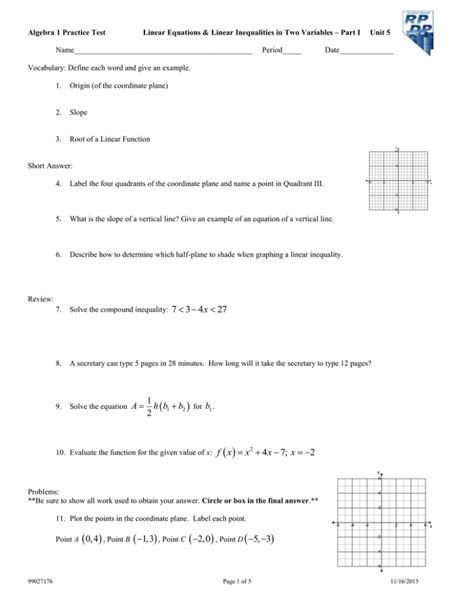 Linear Functions Equations And Inequalities Unit Test A Tessshebaylo