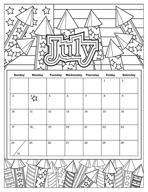July Calendar With Fireworks Theme Coloring Page Coloring Calendar