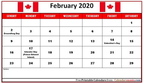 February 2020 Canada Holidays Calendar Holiday Calendar February