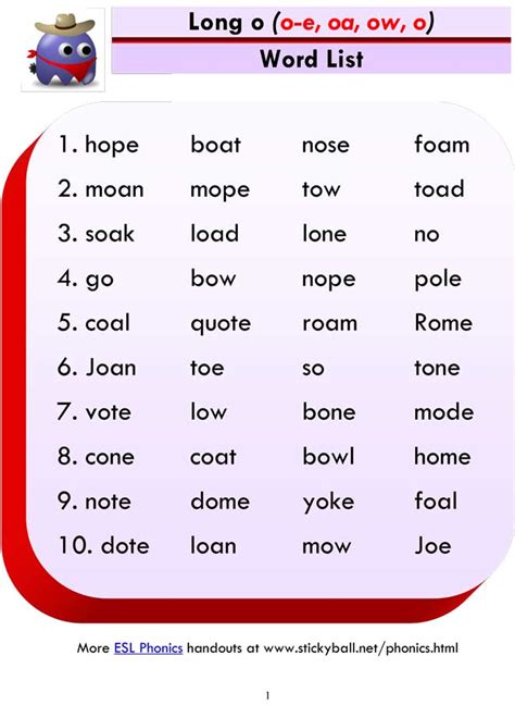 Long O Word List And Sentences
