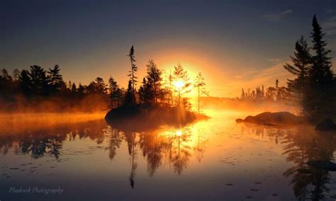 Foggy Fall Morning Sunrise Behind The Island On Fenske Lake Along The