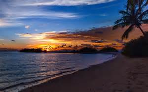 Sunset Sandy Beach Ocean Palm Orange Sky Clouds 4k Ultra Hd Wallpaper