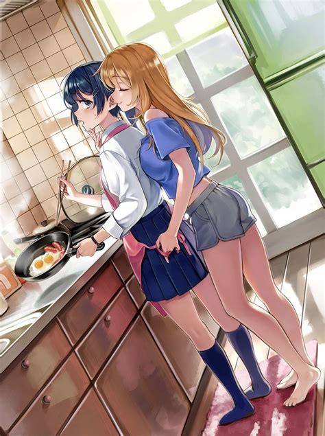 Anime Art Yuri Girls In Love Cooking Making Breakfast