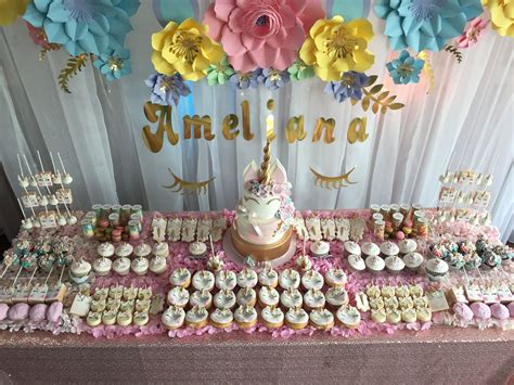 Decorations are made out of a fondant and gumpaste. Unicorn party cake dessert table decor pastel | Unicorn ...