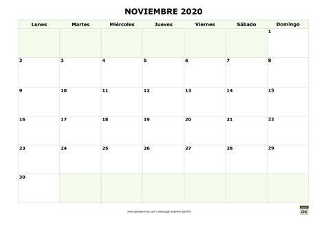 Plantilla Calendario 【noviembre 2020】 Para Imprimir