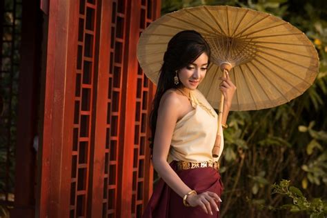 Women Model Brunette Red Asian Umbrella Dress Standing Koko