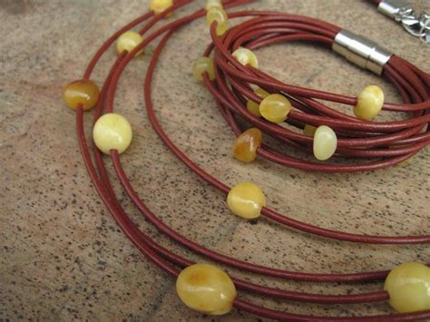 Multi Strand Leather Amber Necklace Organic Jewelry Earthy Etsy