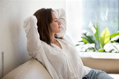 Relaxed Calm Woman Resting Breathing Fresh Air Feeling Mental Balance