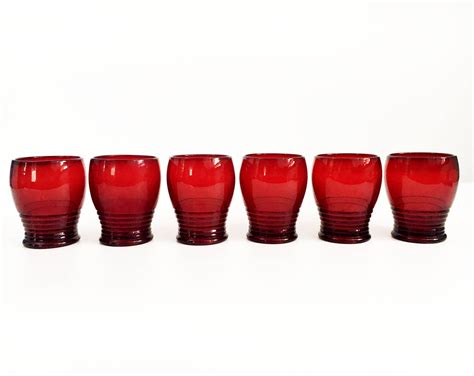 Vintage Set 6 Ruby Red Drinking Glasses Ribbed Glass Beehive Rings Hand Blown Tumblers Penny