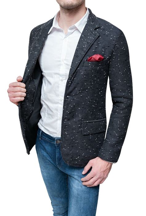 Giacca Blazer uomo invernale nero Tweed elegante slim fit con pochette ...