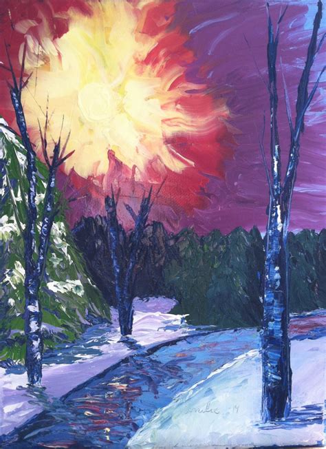 Winter Landscape Purple Sunset Oil Painting In By Emiliespaintings