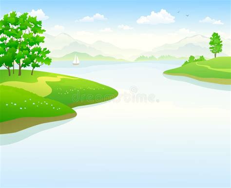 Summer Lake Landscape Cartoon Background Stock Vector Illustration Of