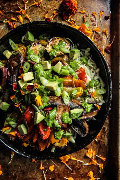 Roasted Veggie Rice Bowl With Black Beans And Cilantro Sauce Heather