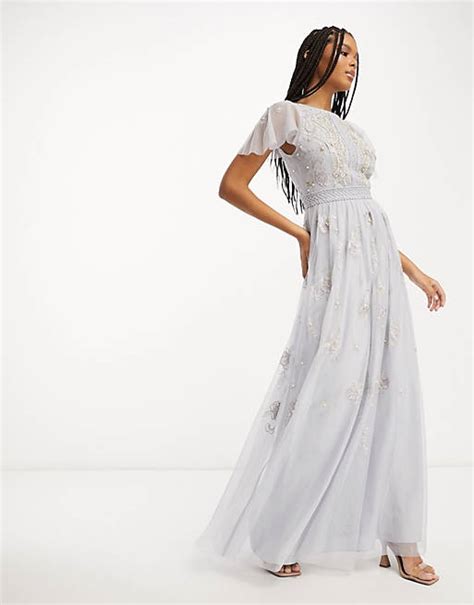 Asos Design Bridesmaid Pearl Embellished Flutter Sleeve Maxi Dress With