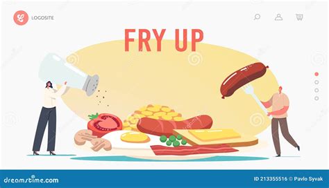 Characters At Plate With English Full Fry Up Breakfast Landing Page Template Bacon Sausages