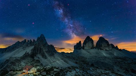 Wallpaper Milky Way Stars Italy Mountains Snow House Dolomite