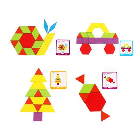 Wooden Pattern Blocks Set Geometric Shape Puzzle With Picture Cards