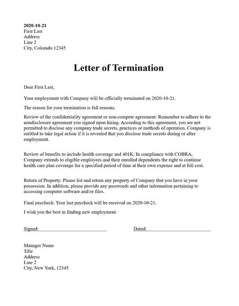 Exle Of Employment Contract Termination Letter