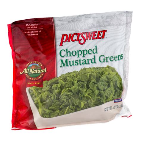20 calories per 100g of mustard greens, frozen, unprepared amount to 1% of a daily intake of 2000 calories, but your daily values may be higher or lower depending on your calorie needs. Pictsweet Chopped Mustard Greens Reviews 2020
