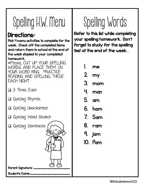 Spelling Homework Menu Spelling Homework Spelling Homework Menu