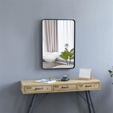 Aluminium frame wall mirror, rectangle bathroom mirror, vanity mirror, makeup mirror, round corner design, 24×31, black. Black Frame Wall Mirror Rectangle Glass Panel Vanity ...
