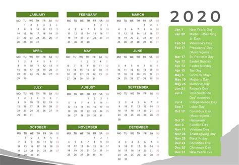 20 2020 Holiday Calendar Free Download Printable Calendar Templates ️