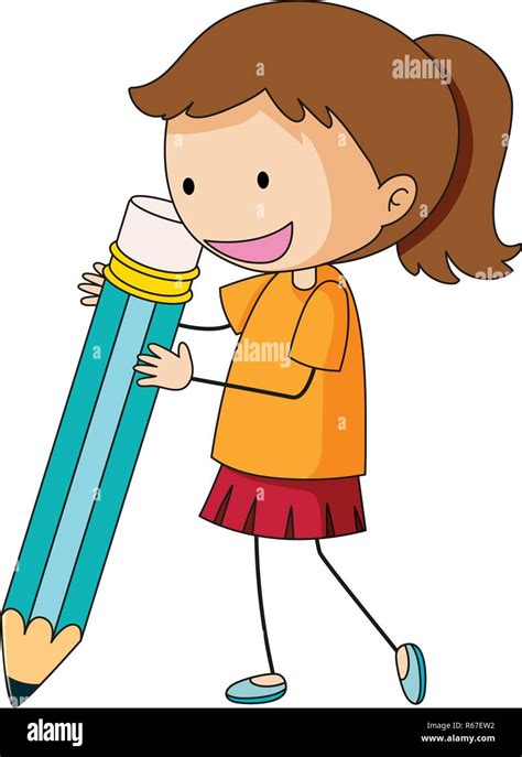 Doodle Girl Holding Pencil Illustration Stock Vector Image And Art Alamy