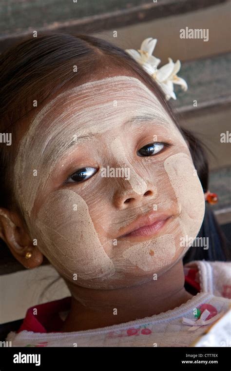Myanmar Burma Little Girl Wearing Thanaka Paste As A Cosmetic