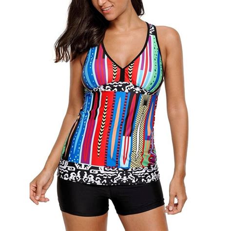 Womens V Neck Racerback Printed Tankini Swimsuits Two Piece Padded Bathing Suits Plus Size S