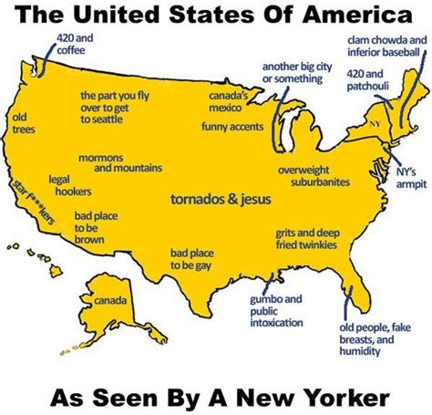 A Map Of The Us According To The Stereotypes Of New York City Funny