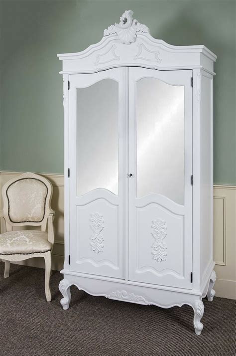 French Double Wardrobe White Hand Carved Mirrored Armoire Antique