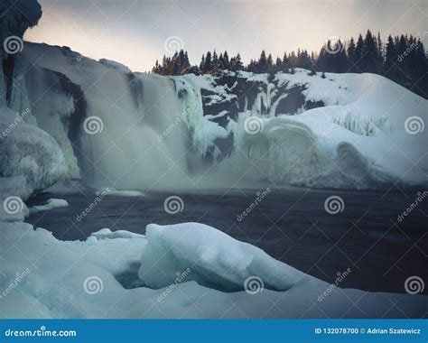 Biggest Frozen Swedish Waterfall Tannforsen In Winter Time Stock Photo