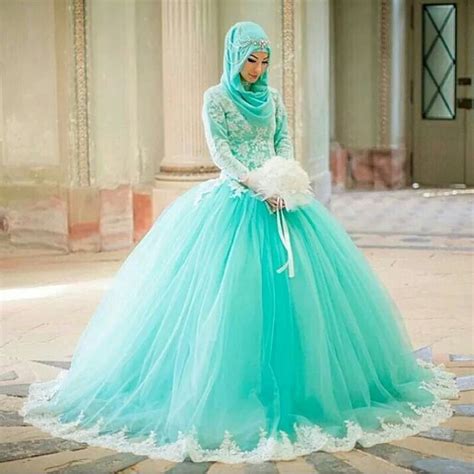 2016 Muslim Turquoise Ball Gown Wedding Dresses Long Sleeve High Appliques Organza Floor Length