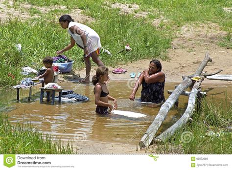 Village Life In Tropical Bahia Brazil Washing In River Editorial