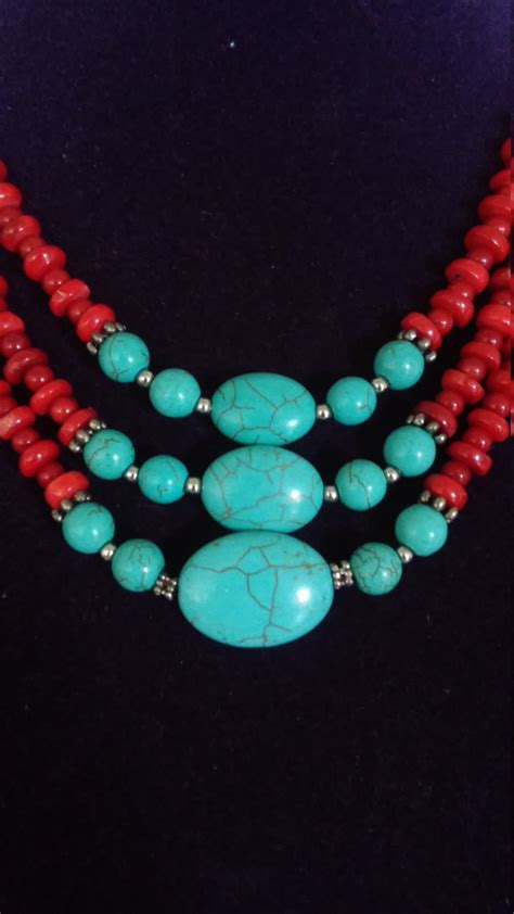 Gorgeous Red Coral And Turquoise Multi Strand Necklace Etsy
