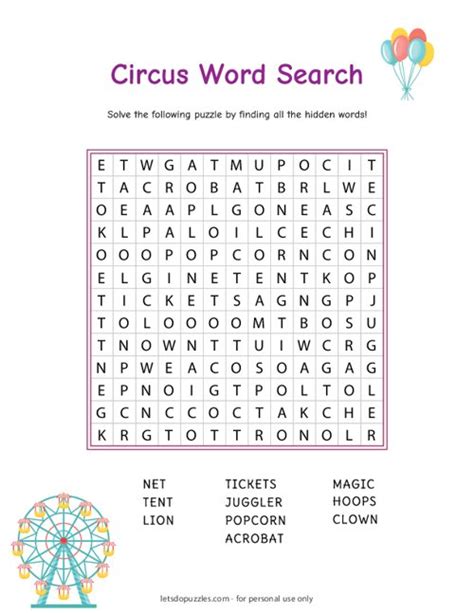 Circus Word Search For Kids