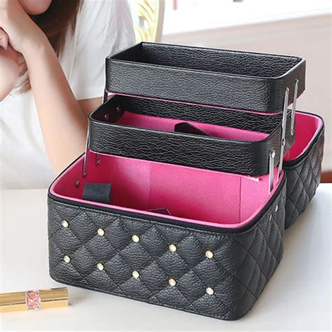 Women Cosmetic Bagsandcase High Quality Solid Pu Leather Makeup Box With Diamond 3 Layer