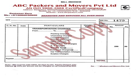 Packers And Movers Bill For Claim Original Bill For Movers And Packers