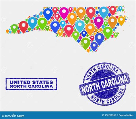 Map Markers Collage Of North Carolina State Map And Grunge Stamp Seals