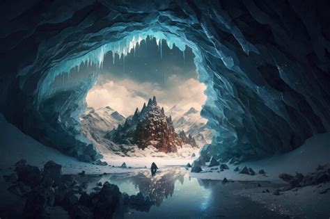 Premium Ai Image An Icy Cavern With A Frozen Lake At Its Center