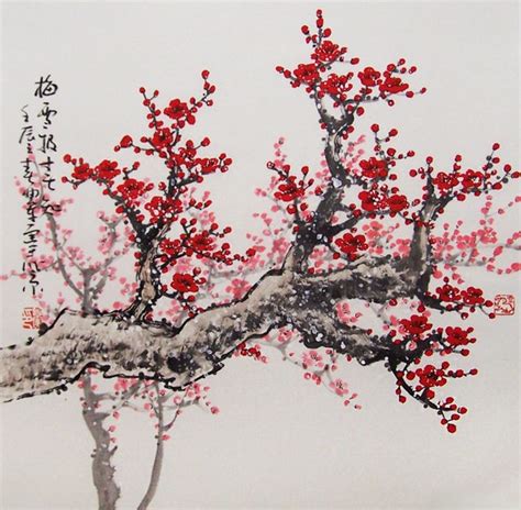 Original Painting Chinese Art Lovely Cherry Blossom Tree