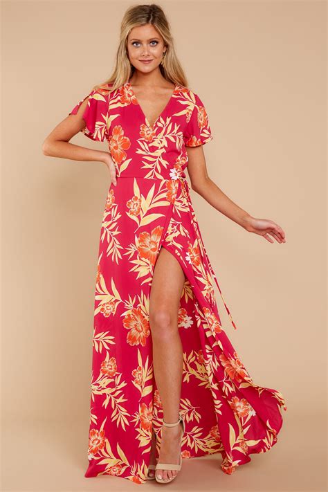 Cute Fuchsia Tropical Print Maxi Dress Trendy Print Maxi Dress Dress 4900 Red Dress