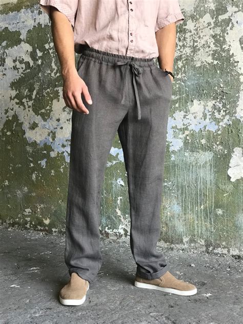 Linen Men Pants Brown Gray Linen Trousers Drawstring Elastic Etsy