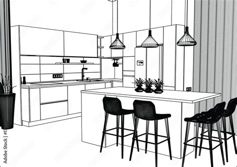 3d Vector Sketch Modern Kitchen Design In Home Interior Kitchen Sketch There Is Also A