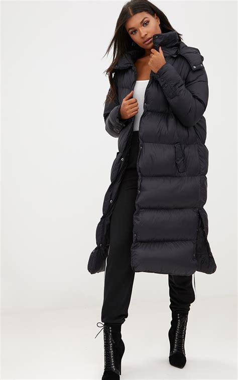 black oversized longline puffer jacket with hood prettylittlething aus