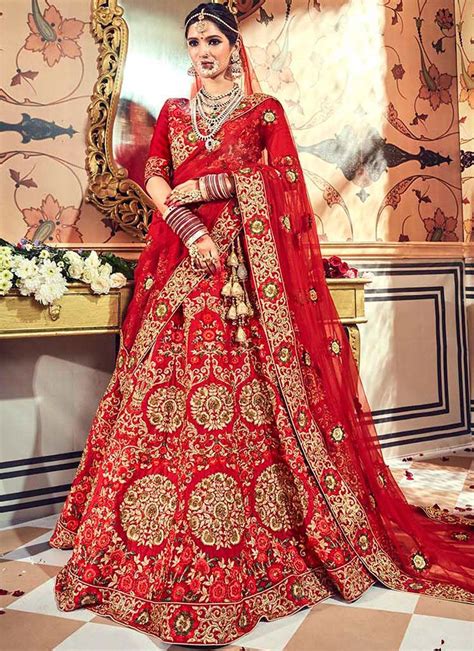 Red Satin Embroidered Heavy Designer Indian Wedding Lehenga Choli 4708 Indian Wedding Lehenga